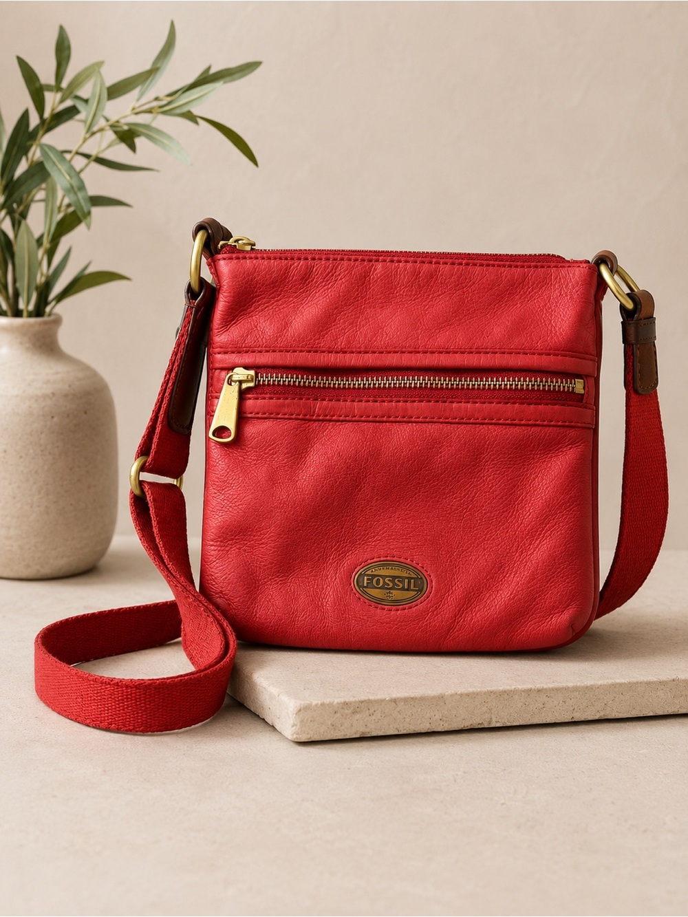 Fossil “Fall” Red Leather Crossbody with Gold Hardware